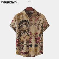 ✤ Incerun เสื้อเชิ้ตผ้าฝ้ายแขนสั้นพิมพ์ลายสไตล์ชนเผ่าสําหรับบุรุษ