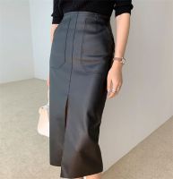 【CW】 New 2022 Leather Skirts Waist Pockets Hip Female Front Split Skirt