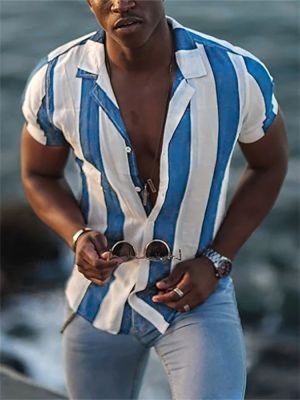 เสื้อฮาวายผู้ชายฤดูร้อนแขนลำลองขาสั้น5สี,เสื้อพิมพ์ลาย3D ลายทางมีกระดุมน้ำหนักเบา5XL เสื้อขนาดใหญ่