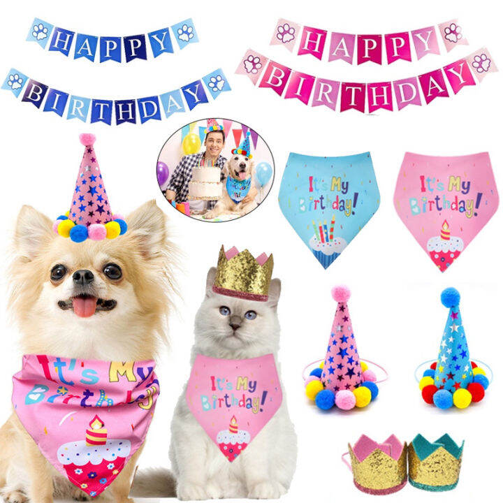 Pet Birthday Party Decoration Cat Dog Hat Headwear Pet Birthday Cap Bib ...