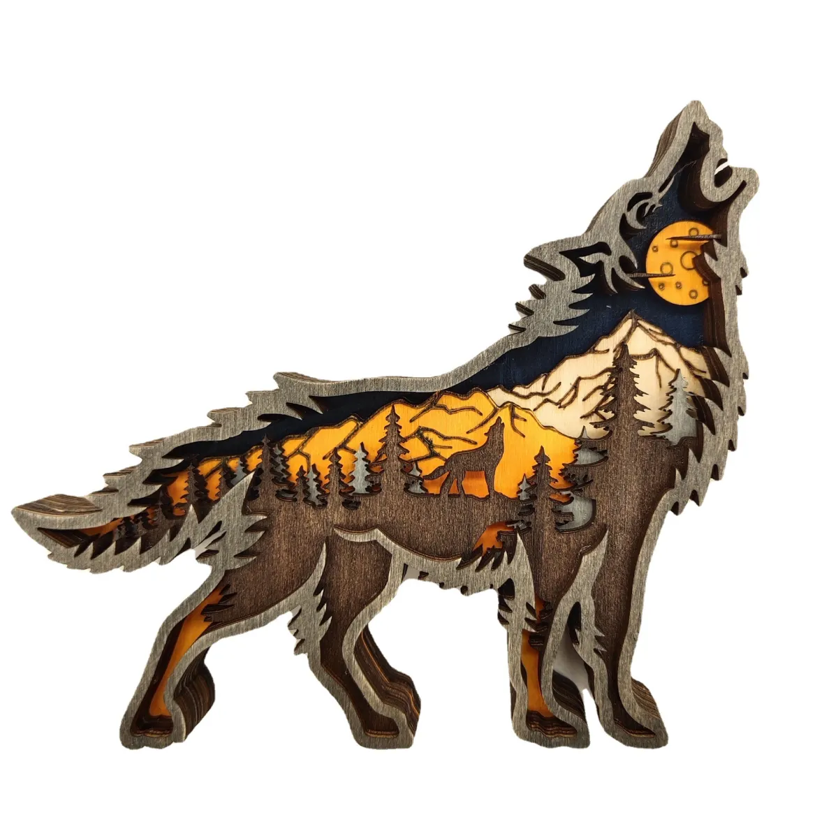 Mô hình gỗ điêu khắc hình chó sói, phối cảnh 3D, kích thước ...