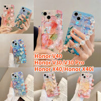 RTY V40เคสสำหรับ Honor Honor V30 Pro Honor X40 Honor สร้อยข้อมือ Crossbody X40i เคสโทรศัพท์ Bluray แววน้ำมันภาพวาดดอกไม้เพชรเคสแบบนุ่ม