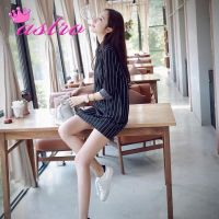 Women Elegant Vertical striped Slim Long sleeve Shirt Dress