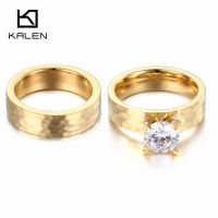 {BUSA Fashion Accessories} Kalen แหวนคู่รักใหม่สแตนเลสสตีลสีทอง Rhinestone ลายดอกไม้นิ้วสำหรับงานเลี้ยงหมั้นงานแต่งงาน