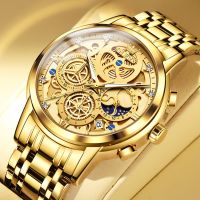 ZZOOI OLEVS Original Watch for Men Luxury Gold Skeleton Analog Quartz Date Chronograph Wristwatch Stainless Steel Waterproof Luminous