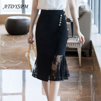 Elegant Stitching Lace Mermaid Skirts Women High Waist Breasted Plus Size 4XL 5XL Black Midi Skirts Women Office Lady OL Bottoms