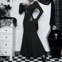 Halloween Cos Morticia Elegant Gothic Dress for Women Black Maxi Dress Bodycon Dress Winter Summer Mermaid Women Slim Long Dress