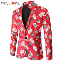 ZZOOI Men Christmas Dress Up Blazers Fashion Long Sleeve Lapel Xmas Suit Costume Homme High Quality Santa Claus Print Blazer Masculino