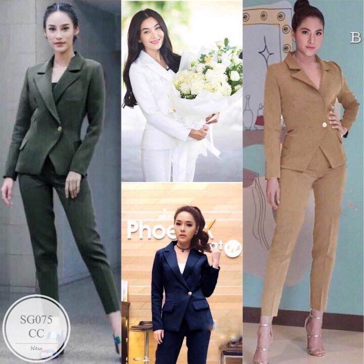 ml075-set-เสื้อ-กางเกงขายาว-เสื้อสูทแขนยาวทรงเข้ารูป-ติดกระดุมหน้า-1-เม็ด-แต่งกระเป๋าหลอก-2-ข้าง-ใส่คู่กับกางเกงขายาว-งานผ้าเนื้อซาร่าทั้ง