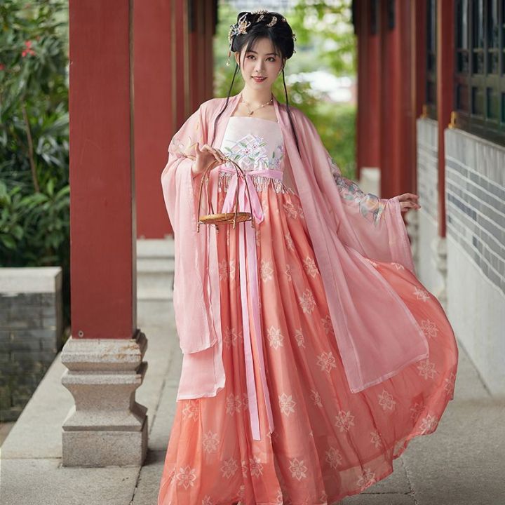 hanfu-ชุดจีนผู้หญิงชุดเจ้าหญิงพิมพ์ดอกไม้สวยงามดั้งเดิม-เสื้อคลุมเต้นบนเวทีคอสเพลย์นางฟ้าตะวันออก