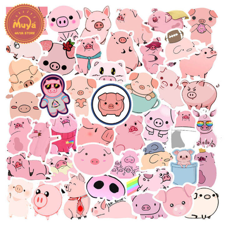 muya-50pcs-น่ารัก-piggy-สติกเกอร์กันน้ำสีชมพูอะนิเมะสติ๊กเกอร์ไวนิลสำหรับวารสารแล็ปท็อป