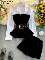 DEAT  Autumn Autumn Long Sleeve Patchwork Velvet Size Small Tops With Belt High Waist Shorts Two Piece Set Women MH334