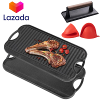 กะทะย่างสเต็ก กระทะย่างเนื้อ เตาย่างหมู Cast Iron Griddle Pan for Stove Top [2 in 1 Reversible] - Pre-Seasoned Stove Top Griddle with Handles [51*26cm]