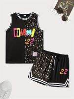 xixibeauty Mens 2 Piece Outfits, Multi Color Miami 22 Print, Striped Cuff Casual Graphic Tanktop And Loose Drawstring Shorts Set, Men’s Clothing