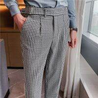 ชุดสูทแฟชั่นสไตล์อังกฤษชายแบบ Houndstooth กางเกงบุรุษฤดูใบไม้ร่วงดีไซน์เอวสูงกางเกงแต่งงาน2022กางเกงทรงตรงเข้ารูปพอดี