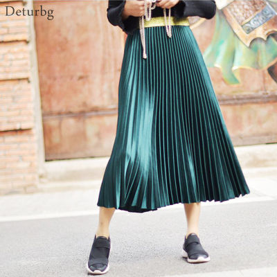 Womens Metal Color Pleated Midi Skirt Japanese Style Ladies Streetwear High Waist Velour Chic Skirts Saias 2019 Spring SK279