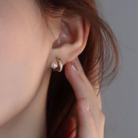 YOYOTH Exquisite Elegant Geometric C Shape Fritillaria Double Layer Korean Style Earrings Mental Hoop Earrings Female Stud Earrings Pearl Earrings