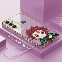 เคสปลอกสำหรับ Samsung M14 5G M14 5G (ฟรีสายคล้อง) การ์ตูนอะนิเมะผู้ฆ่าปีศาจ Tanjirou ปลอกชุบขอบสี่เหลี่ยมเคสโทรศัพท์หรูหราชุบเคสโทรศัพท์นิ่ม