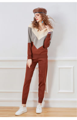 autumn and winter new product fashion V-neck color-blocking sweater + slim trousers two-piece suit