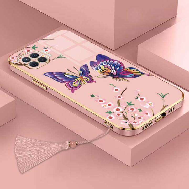 เคสสำหรับ-oppo-a73-2020-oppo-f17หรูหราผีเสื้อสวยงามพร้อมกล้องดอกไม้เคสโทรศัพท์ขอบชุบซิลิโคนฝาฟรีสายคล้อง