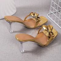 2022 Summer Big Chain Transparent Womens Slippers of Sandals Square Toe Metal Chain High Heels Shoes Women Slides Thin Heels