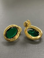 ต่างหู Earclips โดยไม่ต้องเจาะหู Emerald Crystal Earrings Women S Retro New High-Quality Temperament Gold Earrings