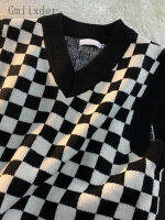 Gmiixder Checkerboard Plaid Vest ผู้ชายผู้หญิง V คอถัก Pullover Unisex ฤดูใบไม้ผลิฤดูใบไม้ร่วง Oversize ทับซ้อนเสื้อแขนกุด...