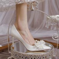 ∈ รองเท้าส้นสูง สีขาว สไตล์ฝรั่งเศส สําหรับผู้หญิง เจ้าสาว งานแต่งงาน 2023