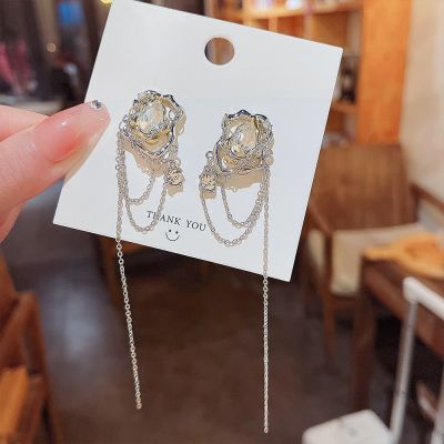 [COD] Korean version of personality creative niche design earrings 925 silver needle liquefied zircon chain tassel female