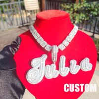 ▩♠✷  Custom Big Cursive Iced Out Name Pendant  Letters Word Necklace With Rhinestone Baguettes Chain Jewelry