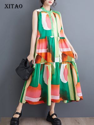 XITAO Dress Stand Collar Print Women Casual Sleeveless Dress