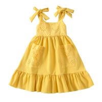 Kids Infant Baby Girl Summer Suspender Elastic Dress Solid Color Cutout Floral Ruffled Sleeveless Dress 1-6T