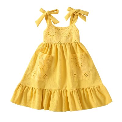 Kids Infant Baby Girl Summer Suspender Elastic Dress Solid Color Cutout Floral Ruffled Sleeveless Dress 1-6T