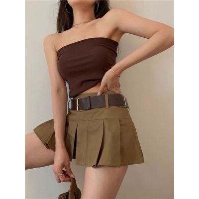 Pleated Skirt With Belt In Brown