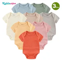 Kiddiezoom 3ชิ้นผ้าฝ้ายเกลียวทารกแรกเกิด Romper ฤดูร้อนแขนสั้นสีทึบระบายอากาศ