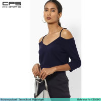 USED CPS Chaps - Ribbed Cold Shoulder Navy Blue Top | เสื้อไหล่ตกสีกรมท่า เสื้อปาดไหล่ แขนห้าส่วน ผ้าร่อง y2k สีพื้น สายฝอ แท้ มือสอง