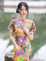 2023ฤดูร้อนย้อนยุคแขนสั้นชีฟอง Cheongsam เด็กสาวอารมณ์หรูหราระดับไฮเอนด์สไตล์จีนชุดดอกไม้สำหรับผู้หญิง