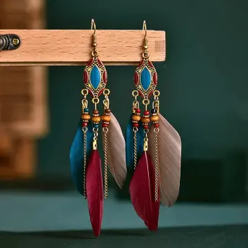 Long feather earrings on sale online