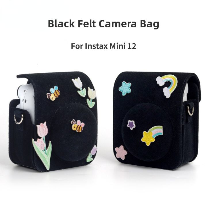 กระเป๋าผ้าสักหลาดสีดำสำหรับกล้อง-fujifilm-instax-mini-12-instax-mini-เคสป้องกันกล้องแบบย้อนยุคน่ารักสำหรับ-instax-mini-12อุปกรณ์เสริม