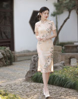 คลาสสิกเซ็กซี่แขนสั้นพิมพ์ซาติน Cheongsam Elegant R ผู้หญิง Handmade ปุ่ม Qipao จีนทุกวัน Dress