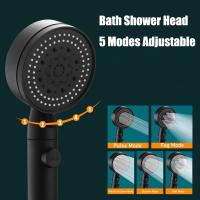 5 Modes Adjustable Black Bath Shower Head High Pressure Water Saving Eco Shower Stop Water Showerhead with Hose Holder