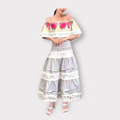 P007-086 PIMNADACLOSET - OFF Shoulder Sleeveless Tie Waist Side Pockets Stripe Loose & FLare Twill Maxi Dress