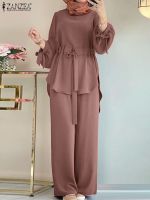 Autumn Women Muslim Tracksuits Fashion Lace Up Blouses &amp; Shirts Elegant Matching Sets Causal Pant Sets ZANZEA Isamic Clothing