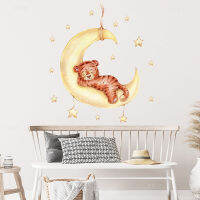 Watercolor Cartoon Tiger Sleeping on the moon Wall Stickers Stars Wall Decals Baby Nursery Room Decoration HOME Interior Decor