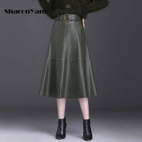 A-line Skirts Womens 2021 Korean Style High Waist Mid-long Length Pu Leather Skirt for Woman with Sashes Autumn Winter