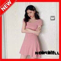 NEW MALL Korean Style Short-Sleeved Square-Neck Waist Dress Plus Size Fat Girl Temperament Simple And Slim A-Line Skirt