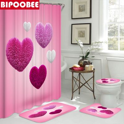 【CW】✙☜  Pink Shower Curtains Curtain Set with Hooks Happy Valentines Day Toilet Cover Non-slip Rugs