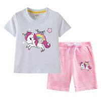 Unicorn Casual Shorts Short Sleeve Tshirt Cotton Kids 2pcs Summer New Thin Boys Girls