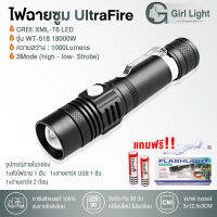 Girl Light ไฟฉายแรงสูง กันน้ำ UltraFire LED CREE T6 รุ่น WT-518 ไฟฉายแรงสูง กันน้ำได้ ซูมได้ ชาร์จ USB พร้อมถ่าน 10000 Lumen