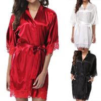 LATER Sexy Women Lace Long Bride Kimono Robe Satin Silk Night Dressing Gown